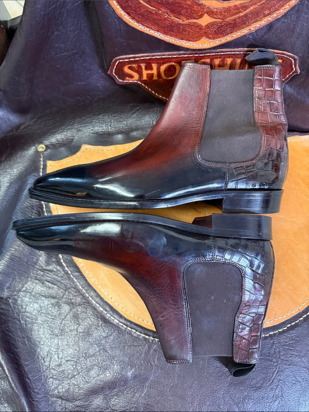 Donald J. Pliner Embossed Crocodile Custom Patina Italian Chelsea Boots